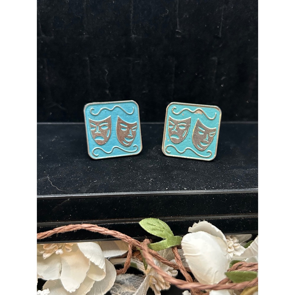 VTG Theater Mask Cufflinks Comedy Tragedy Drama Silver Tone Blue Enamel Broadway